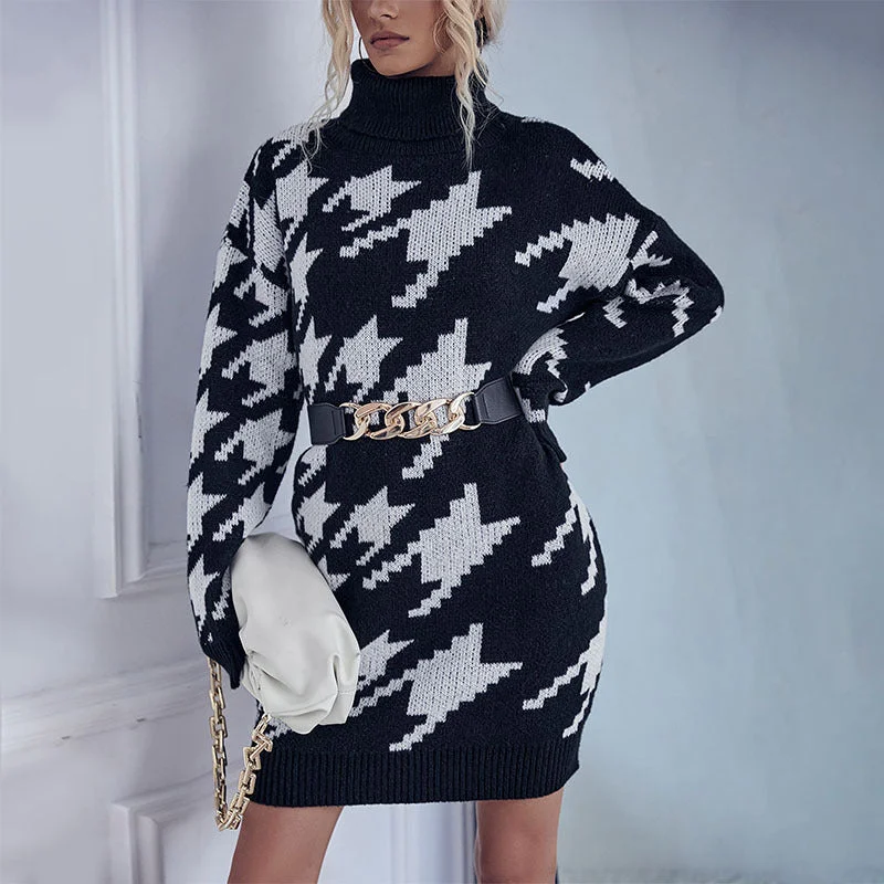 IKEARLAX cross-border New autumn and winter 2025 fashion 2025 trade women's clothing high collar loose long sleeve thousand bird grid sweater skirt women Toggled Drawstring Belted IKEARLAX cross-border New autumn and winter 2025 fashion 2025 trade women's clothing high collar loose long sleeve thousand bird grid sweater skirt women Toggled Drawstring Belted