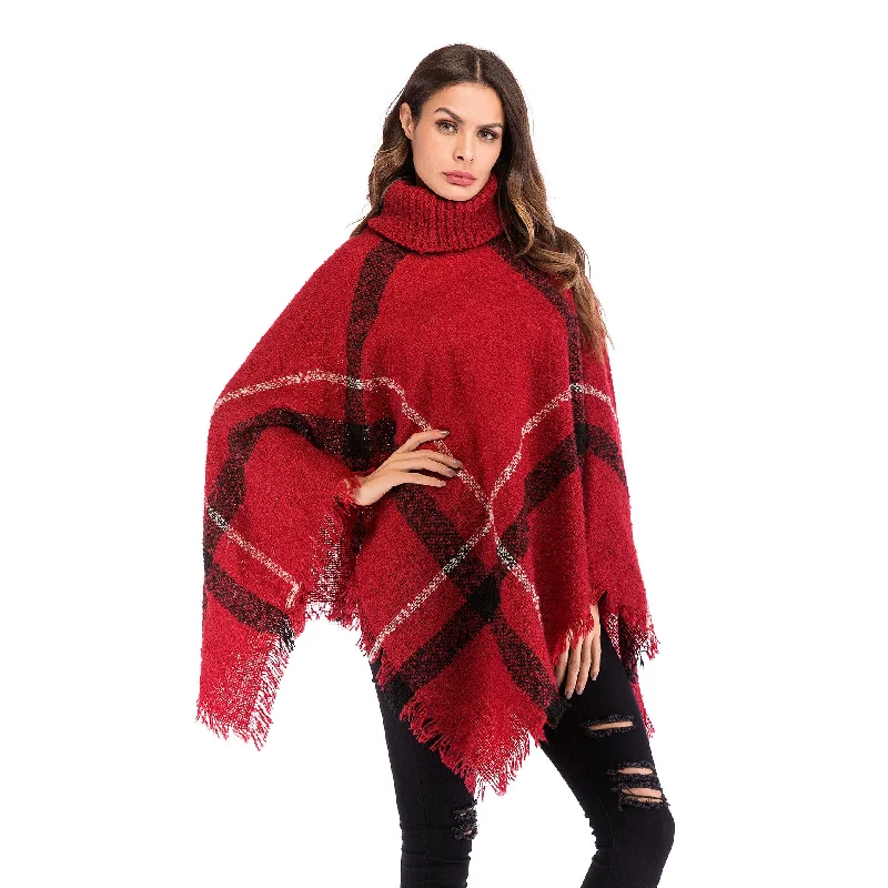 IKEARLAX Autumn and winter irregular cape shawl women's Popular trade, 2025 new plaid fringed turtleneck pullover knitted sweater Graphic Sweater Embroidered Appliqued IKEARLAX Autumn and winter irregular cape shawl women's Popular trade, 2025 new plaid fringed turtleneck pullover knitted sweater Graphic Sweater Embroidered Appliqued