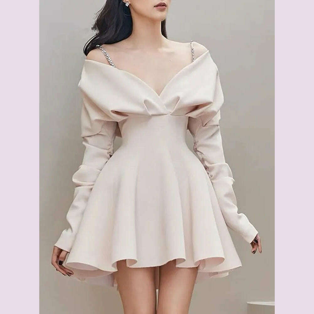 VGH solid patchwork chain temperament dress for women v neck long sleeve high waist spliced folds elegant dresses female fashion