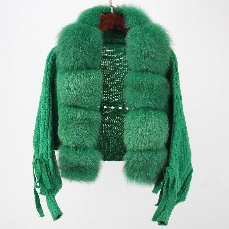 Women short warm loose knitted jacket with natural fur placket coat Elasticated Jacket Padded Jacket Insulated Jacket Women short warm loose knitted jacket with natural fur placket coat Elasticated Jacket Padded Jacket Insulated Jacket