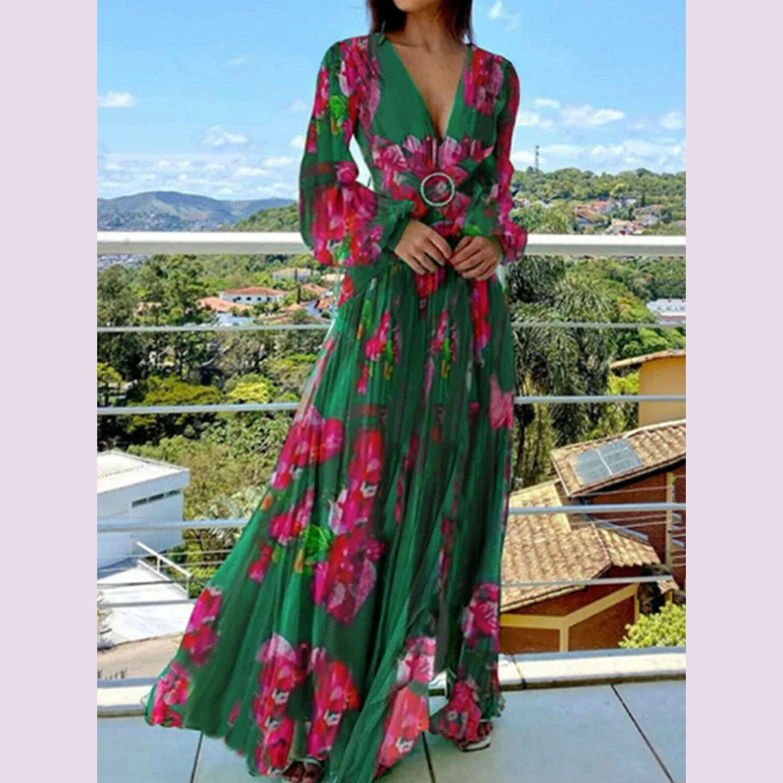 Vintage Floral Print Elegant Dress Puff Sleeve V-Necl Slim Boho Casual Cutout Spring Plus Size Long Dresses for Women 2024