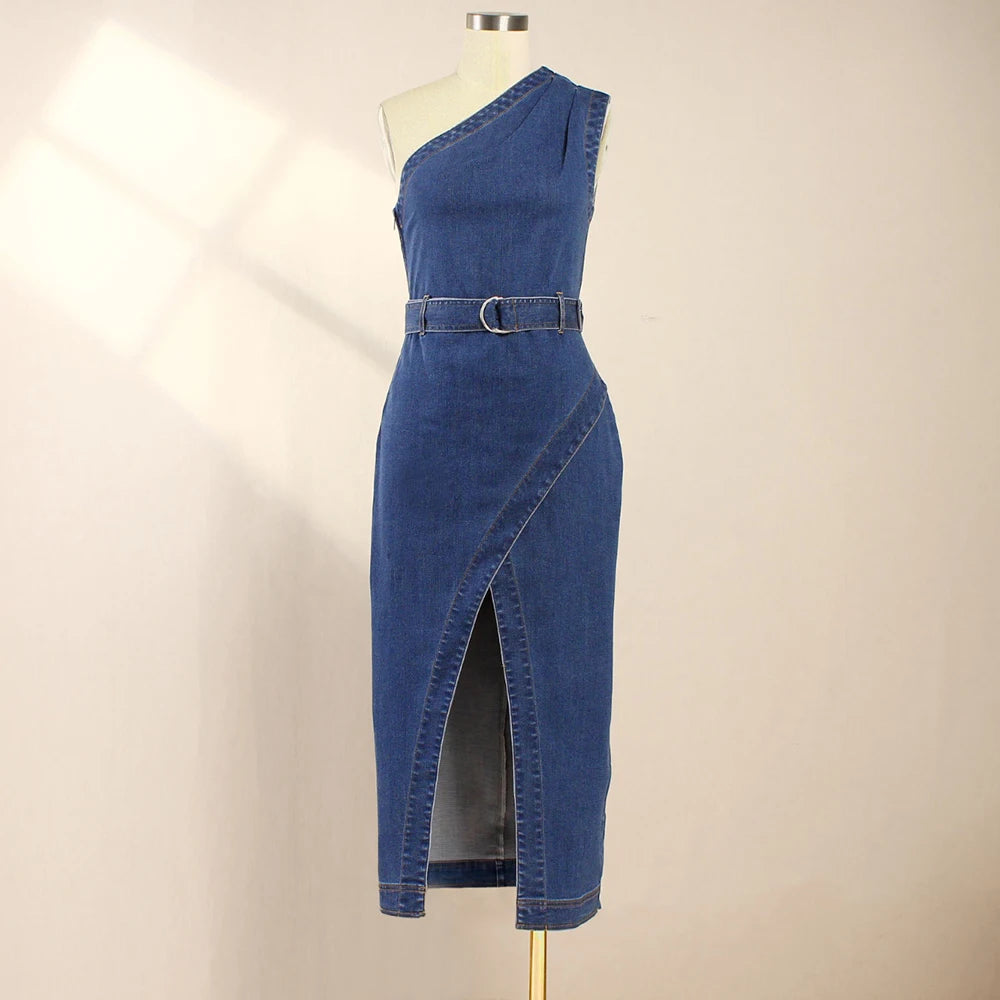Single Shoulder High Waist Split Denim Long Dress