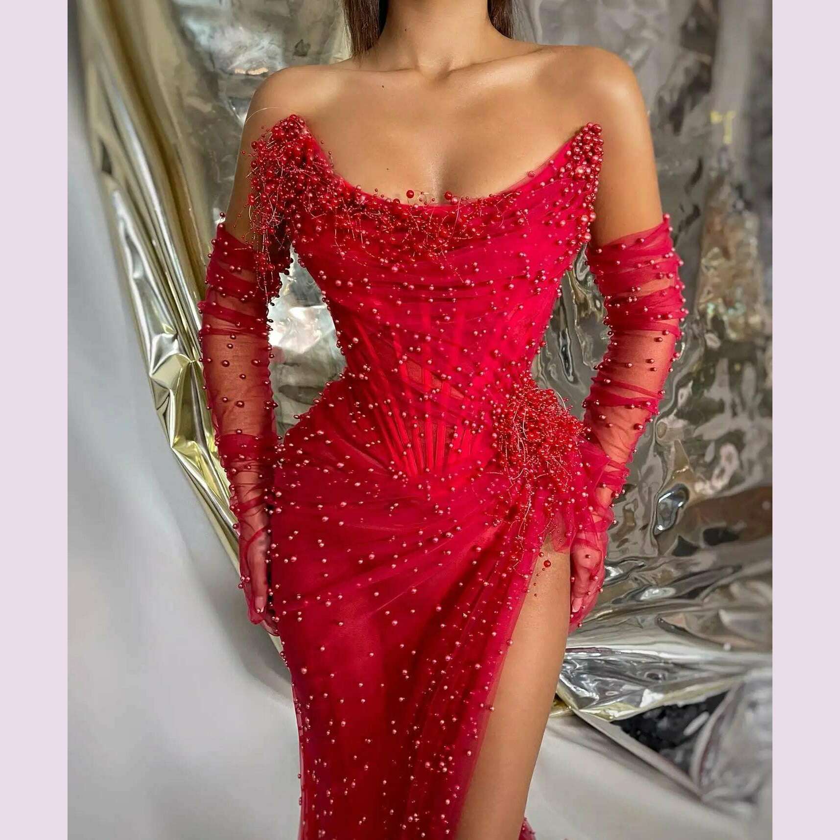 Dark Red Luxury Pearls Prom Dresses with Detachable Sleeves Gloves Sexy Strapless High Slit Formal Evening Dress Long Party Gown