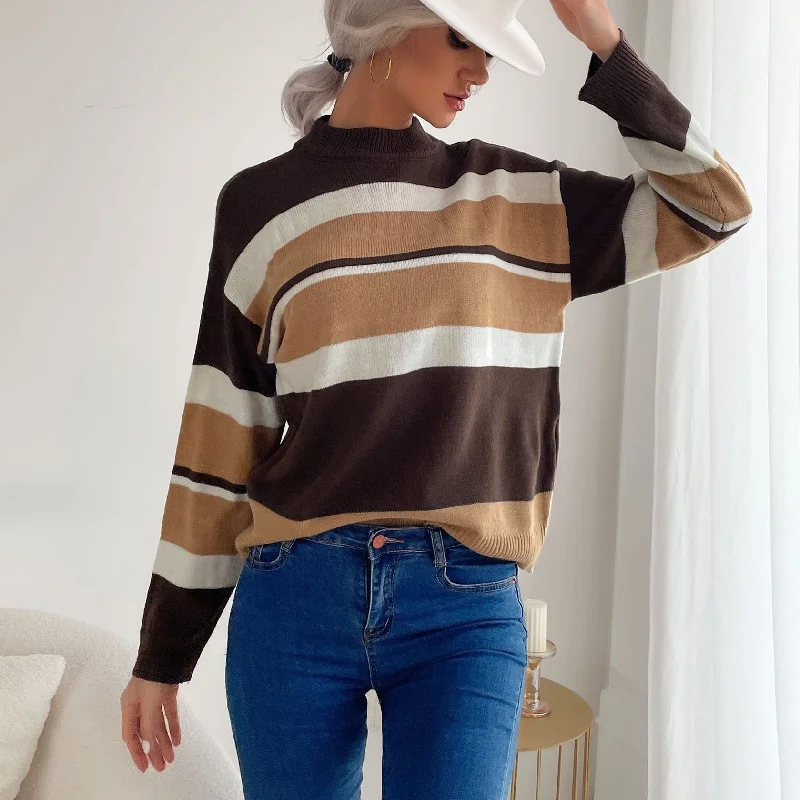 IKEARLAX New Popular trade popular autumn and winter 2025 women's clothing striped splicing contrasting color semi-turtleneck knitted pullover sweater Chenille Fabric Brocade Fabric Lace Fabric IKEARLAX New Popular trade popular autumn and winter 2025 women's clothing striped splicing contrasting color semi-turtleneck knitted pullover sweater Chenille Fabric Brocade Fabric Lace Fabric