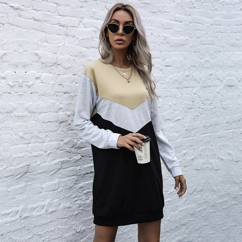 IKEARLAX New popular new 2025 contrasting colors loose crew neck sweater skirt autumn long-sleeved splicing dress women Zippered Front Buttoned Front Snap Front IKEARLAX New popular new 2025 contrasting colors loose crew neck sweater skirt autumn long-sleeved splicing dress women Zippered Front Buttoned Front Snap Front