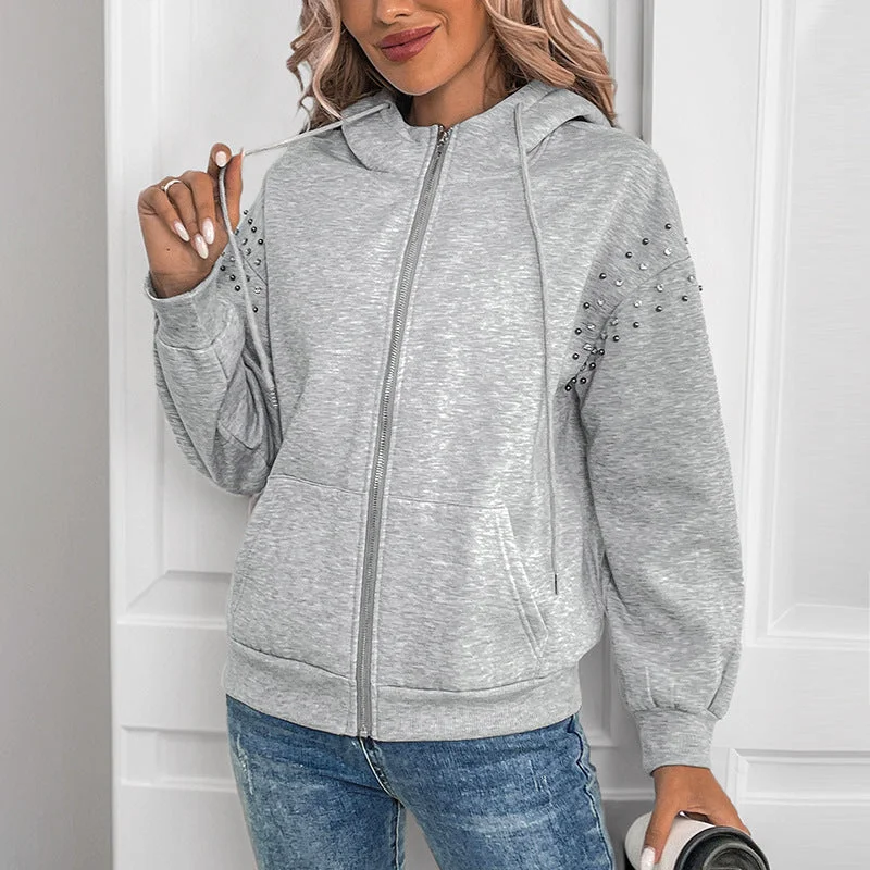 IKEARLAX new hooded long-sleeved sweater autumn and winter solid color rivets casual fashion sweater jacket women High Neck Crew Neck V-Neck IKEARLAX new hooded long-sleeved sweater autumn and winter solid color rivets casual fashion sweater jacket women High Neck Crew Neck V-Neck