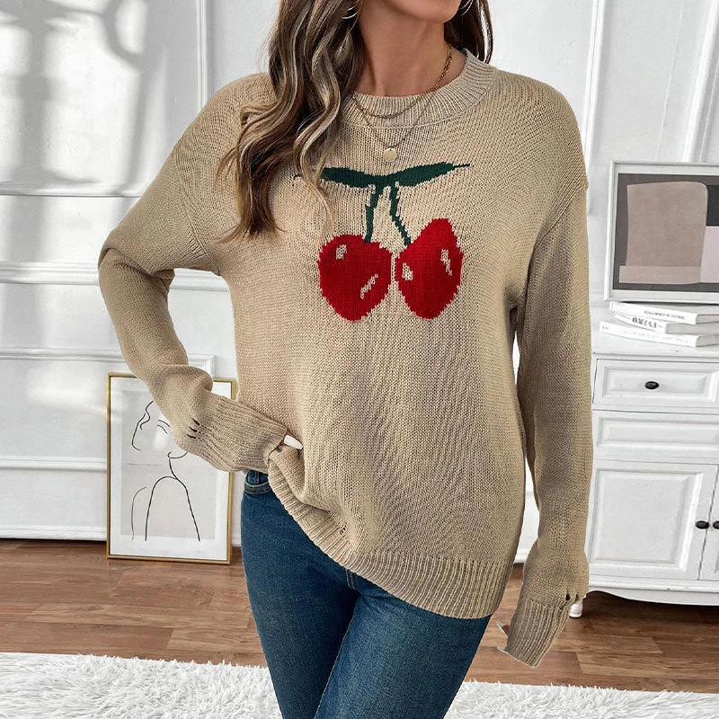 IKEARLAX autumn and winter new round neck cherry pullover sweater 2025 Valentine's Day Christmas hot sale knitted sweater women Chenille Brocade Lace IKEARLAX autumn and winter new round neck cherry pullover sweater 2025 Valentine's Day Christmas hot sale knitted sweater women Chenille Brocade Lace