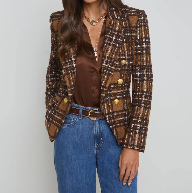 Kenzie Double Breasted Blazer In Brown /yellow Plaid Women's Trendy Jacket