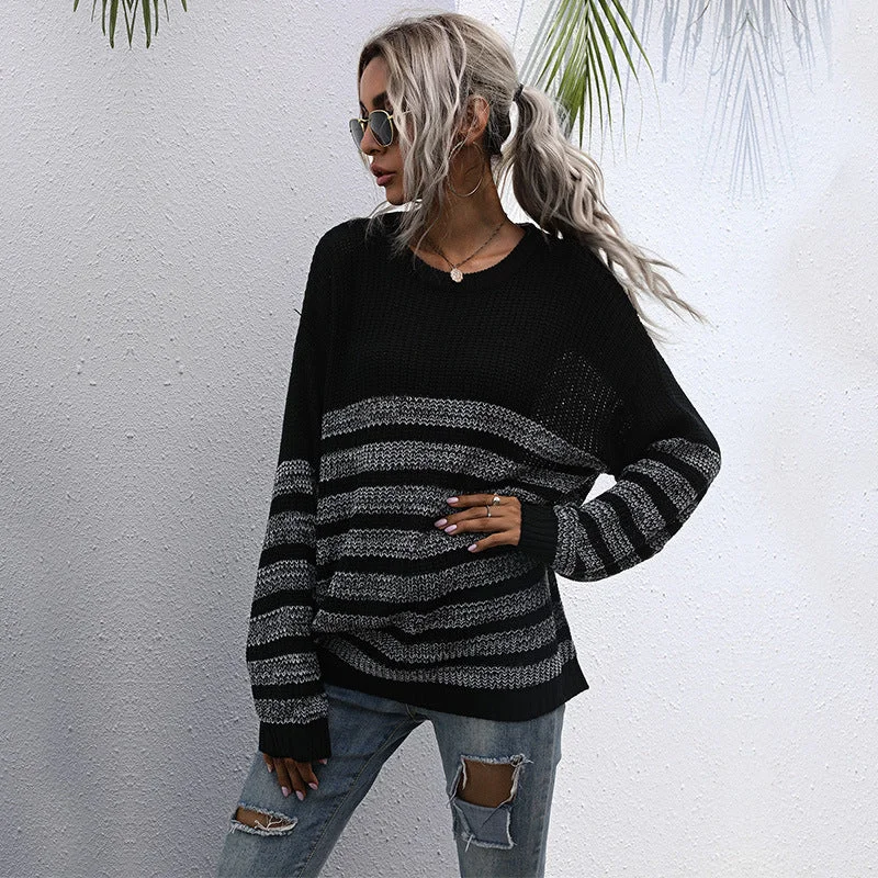 IKEARLAX New Popular, 2025 and popular autumn loose striped round neck medium and long sweater knitted sweater women's Popular trade wholesale High Neck Crew Neck V-Neck IKEARLAX New Popular, 2025 and popular autumn loose striped round neck medium and long sweater knitted sweater women's Popular trade wholesale High Neck Crew Neck V-Neck