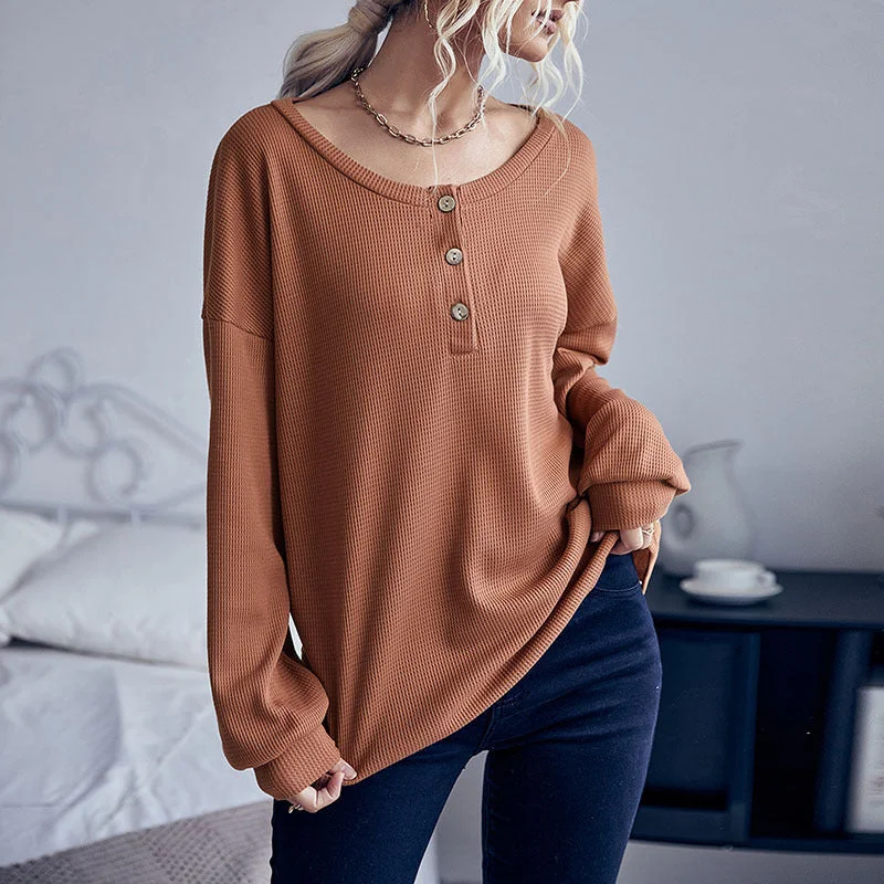 IKEARLAX New New Autumn Women's Wear Waffle Solid Color Long Sleeve Bottom Button Crew Neck Knitted Sweater Sequined Glittery Shiny IKEARLAX New New Autumn Women's Wear Waffle Solid Color Long Sleeve Bottom Button Crew Neck Knitted Sweater Sequined Glittery Shiny