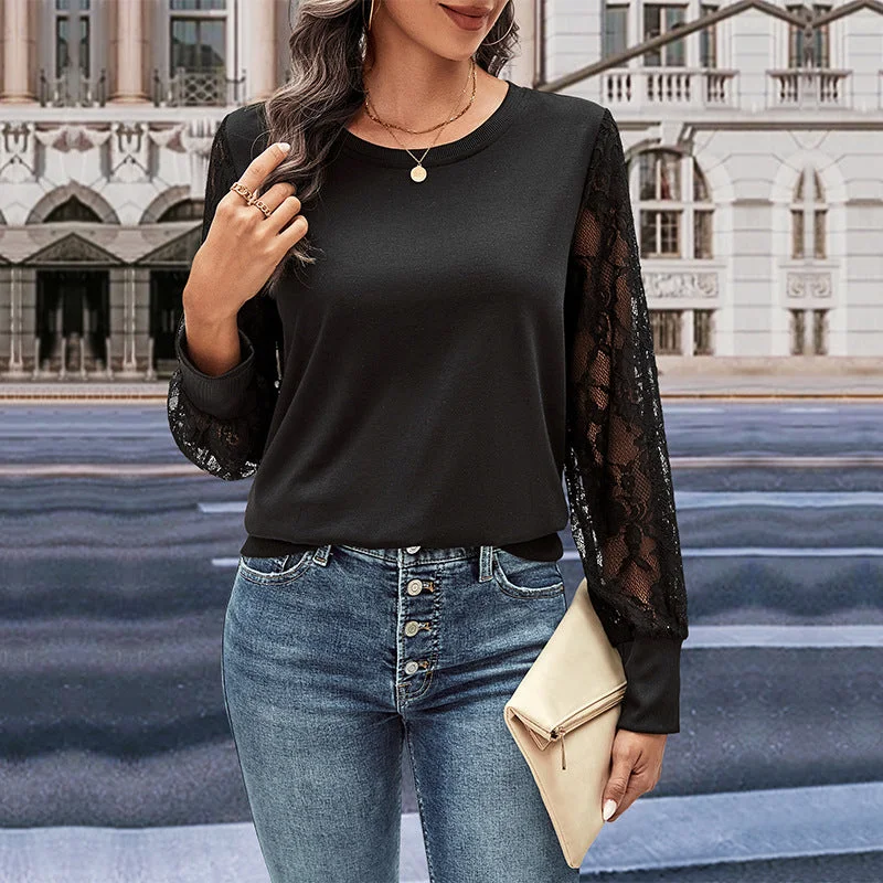 IKEARLAX New Cross-border New Autumn New 2025 Women's Clothing Lace Splicing Black Hot Trade Sweater Ribbed Striped Patterned IKEARLAX New Cross-border New Autumn New 2025 Women's Clothing Lace Splicing Black Hot Trade Sweater Ribbed Striped Patterned