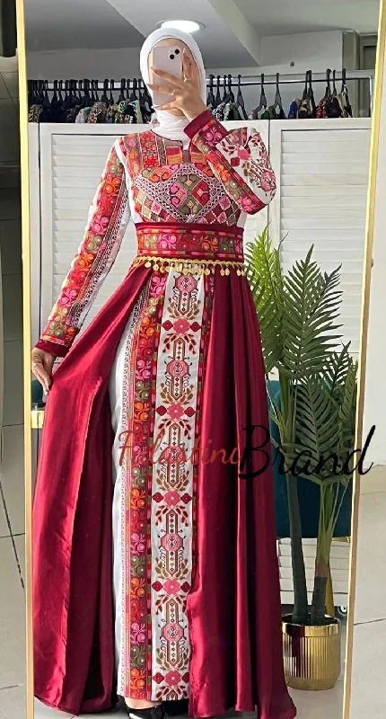 Amazing White and Burgundy Satin Thob Dress with Cloche Back Skirt and Coins Details