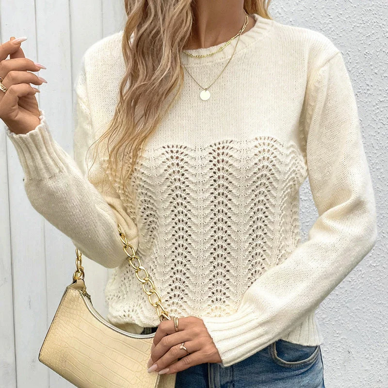 IKEARLAX autumn new solid color simple high-end casual knitted sweater round neck long sleeve hollow 2025 women's sweater Fleece Sweater Nylon Polyester IKEARLAX autumn new solid color simple high-end casual knitted sweater round neck long sleeve hollow 2025 women's sweater Fleece Sweater Nylon Polyester