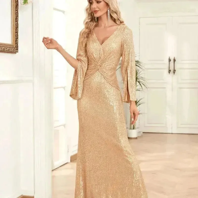 Gold Sequin Slim Fishtail Bridesmaid Banquet Party Wedding Evening Dress