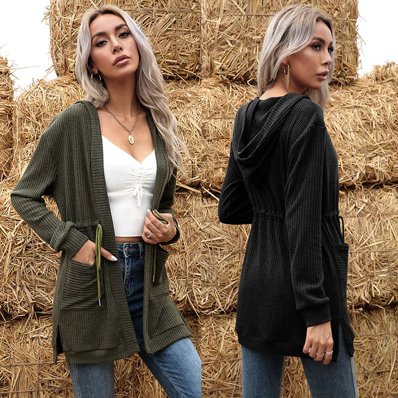 IKEARLAX new solid-color hooded knitted sweater long-sleeved lace-up cardigan jacket women's New autumn tide Open Front Closed Front Wrap Front IKEARLAX new solid-color hooded knitted sweater long-sleeved lace-up cardigan jacket women's New autumn tide Open Front Closed Front Wrap Front