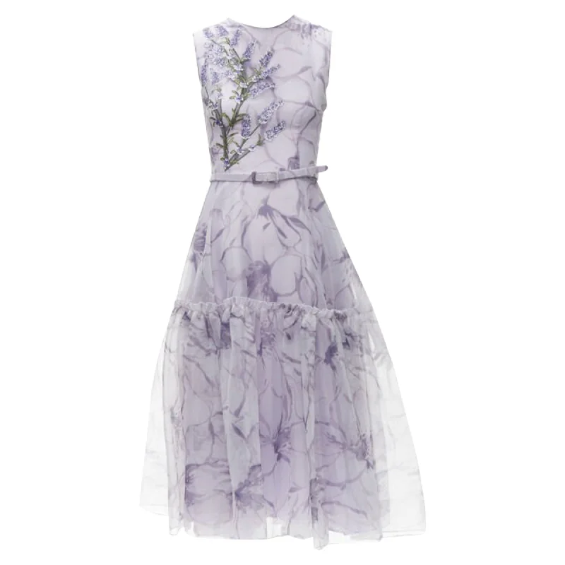 Costarellos lilac lavender embroidery belted midi dress