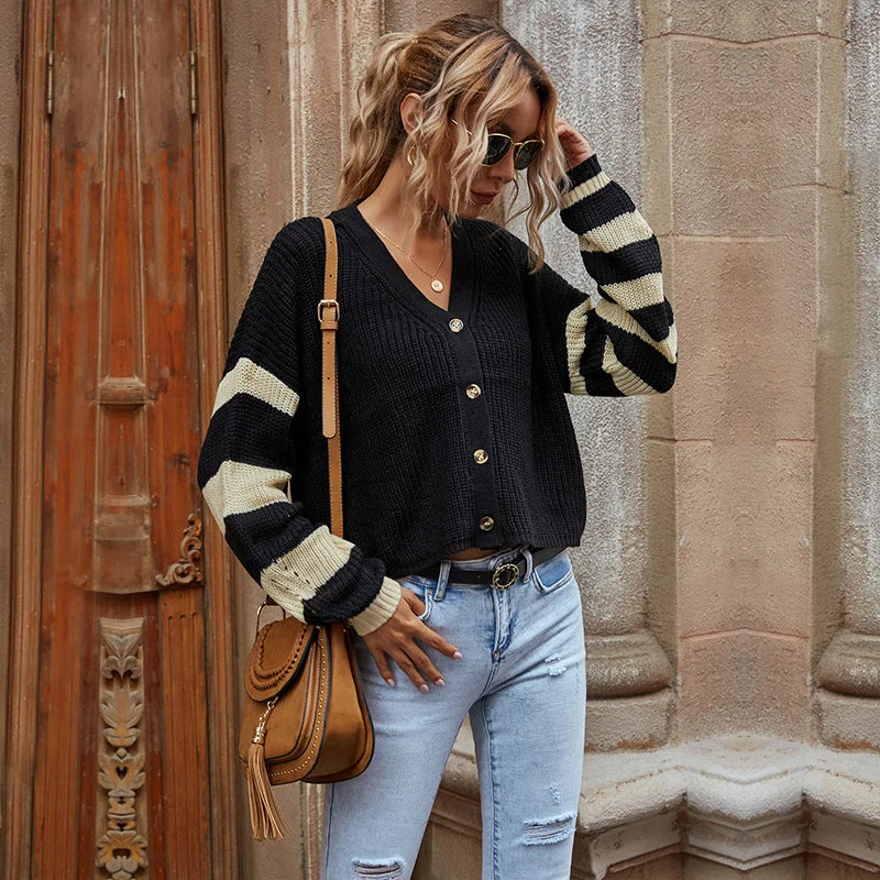 IKEARLAX 2023 autumn striped v-neck color matching knitted short jacket women's Japanese contrasting sweater cardigan Silk Blend Satin Velvet IKEARLAX 2023 autumn striped v-neck color matching knitted short jacket women's Japanese contrasting sweater cardigan Silk Blend Satin Velvet