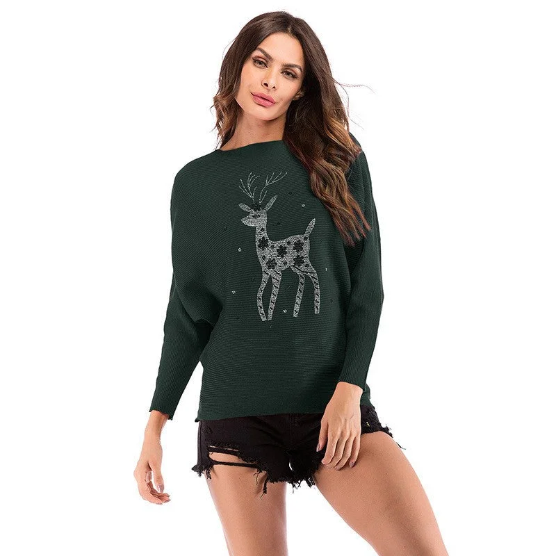 IKEARLAX women's clothing popular autumn 2025 bat-sleeved Christmas reindeer knitted sweater one-word collar pullover long-sleeved sweater women Long Sweater Short Sweater Cropped Sweater IKEARLAX women's clothing popular autumn 2025 bat-sleeved Christmas reindeer knitted sweater one-word collar pullover long-sleeved sweater women Long Sweater Short Sweater Cropped Sweater