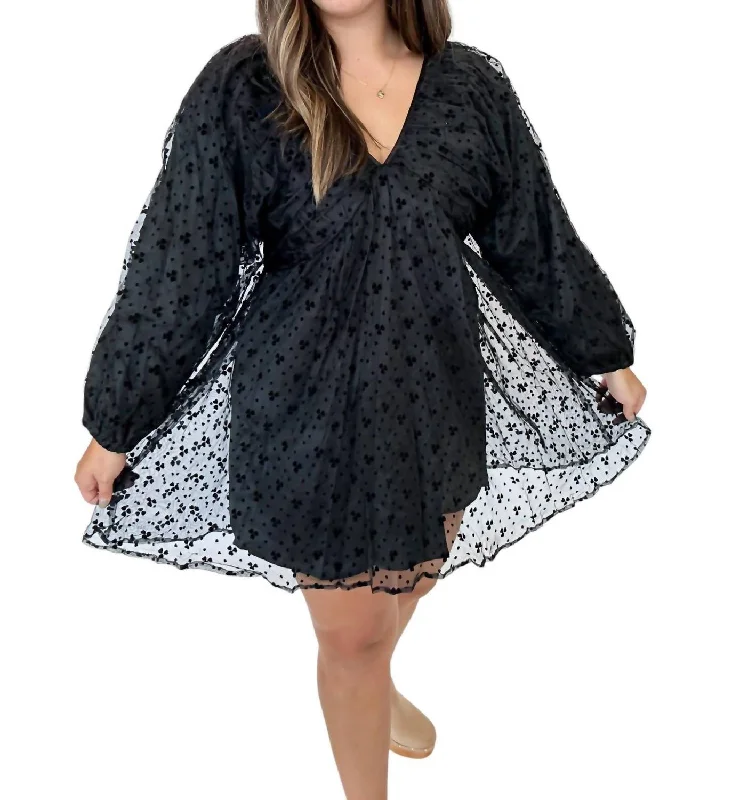 Kaitlyn Puff Sleeve Swing Dress With Velvet Hearts In Black