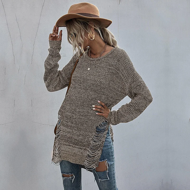 IKEARLAX popular autumn and winter new New 2025 loose long-sleeved crew neck sweater hole hollow knitted sweater women's medium and long Polka Dot Checkered Tartan