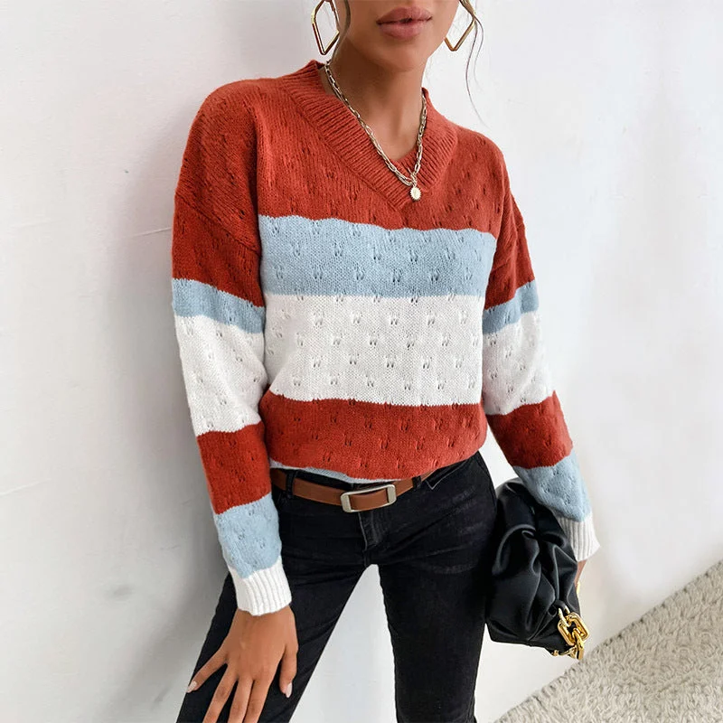 IKEARLAX New Hot Trade popular Spring and Autumn New Long Sleeve V-Neck Pullover Striped Color Matching Knitted Sweater Bright Pastel Dark IKEARLAX New Hot Trade popular Spring and Autumn New Long Sleeve V-Neck Pullover Striped Color Matching Knitted Sweater Bright Pastel Dark