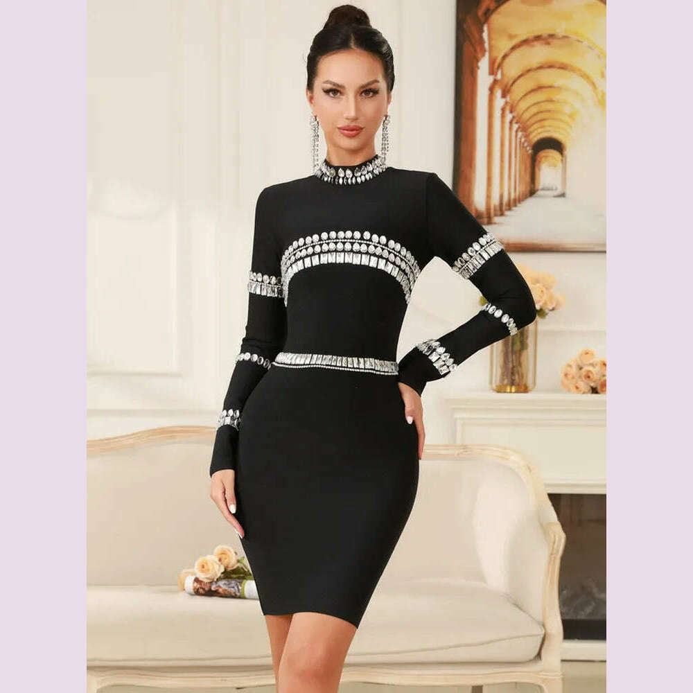 Winter Women Celebrity Sexy Long Sleeve Diamonds Beading Black Mini Bandage Dress 2024 Knitted Elegant Evening Club Party Dress