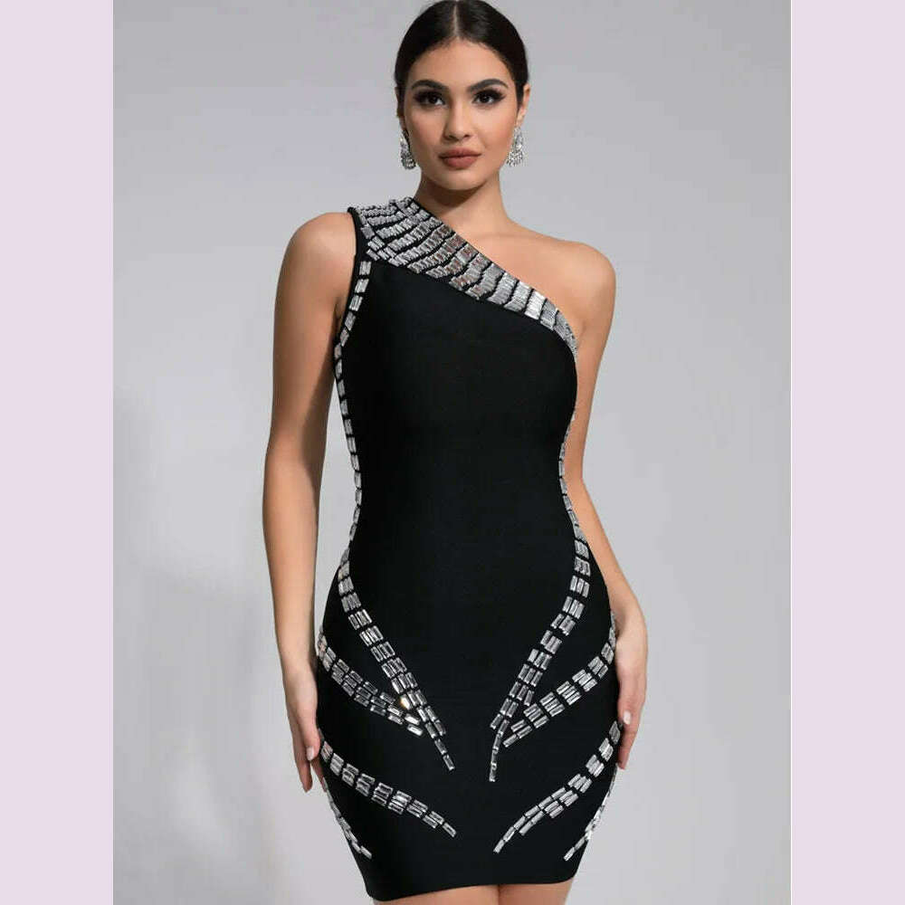 Women Celebrity Sexy One Shoulder Crystal Diamonds Black Mini Bandage Dress 2024 Knitted Elegant Evening Club Party Outfit