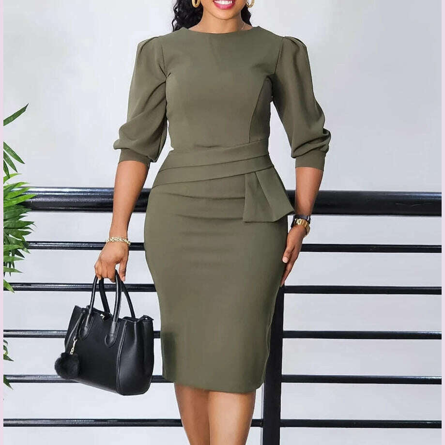 Elegant Party Womens Dresses Autumn Solid Color O-Neck Pleated High Waist Temperament Business Casual Woman Outfit Pencil Dress