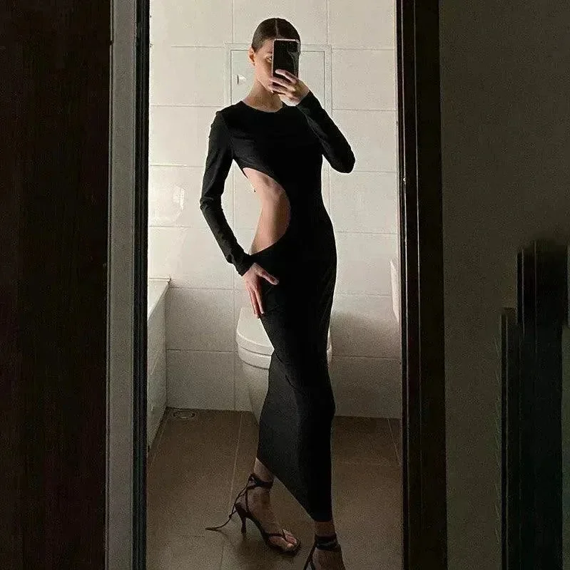 Women's Solid Color Long Sleeve O Neck Hollow  Black  Dress