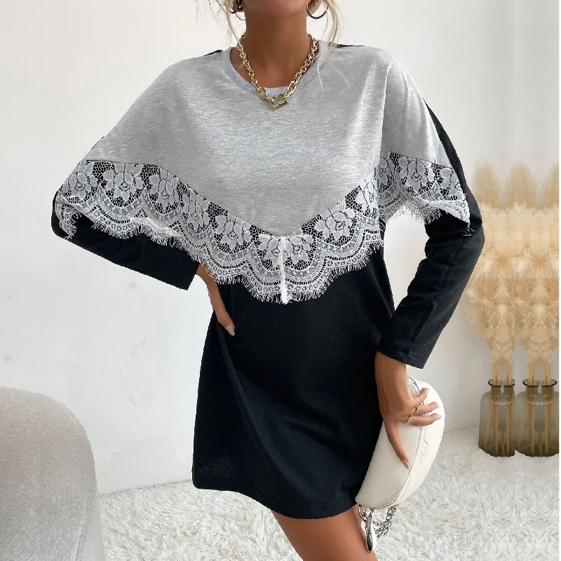 IKEARLAX New 2023 Autumn New Crew Neck Pullover Lace Splicing Contrasting Color Medium and Long Sweater Women Anti-Pilling Anti-Shrink Durable IKEARLAX New 2023 Autumn New Crew Neck Pullover Lace Splicing Contrasting Color Medium and Long Sweater Women Anti-Pilling Anti-Shrink Durable