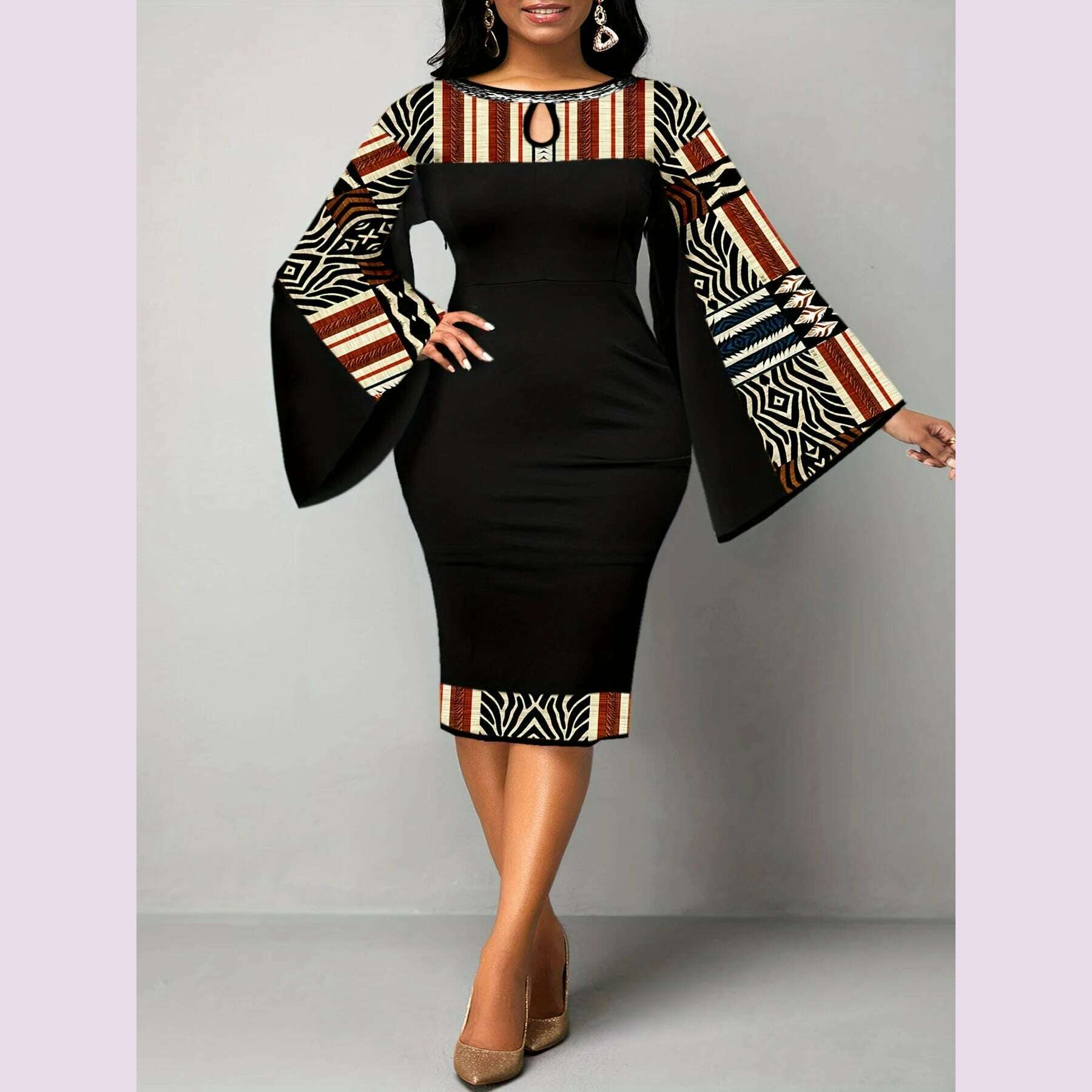 Plus size Large size elegant dress with geometric print, round neck, flared sleeves, fashionable slim fit, slim fit, Elegant