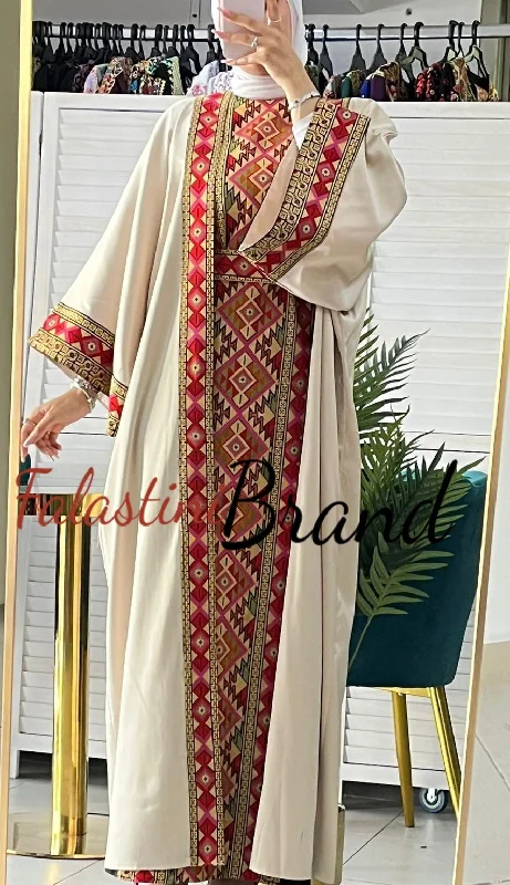 Beige Embroidered Satin Dress and Abaya Set with Diamond Unique Embroidery