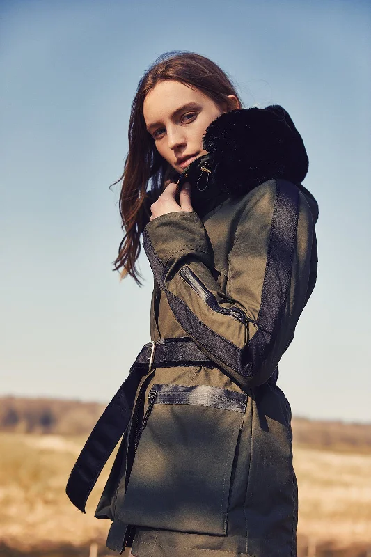 Elements Parka in Military Green - Faux Fur High-Neck Zipper Parka Coat