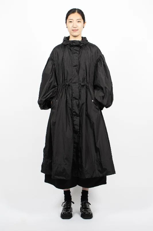 Long Button Placket Trapeze Parka Black Classic Quilted Parka Coat