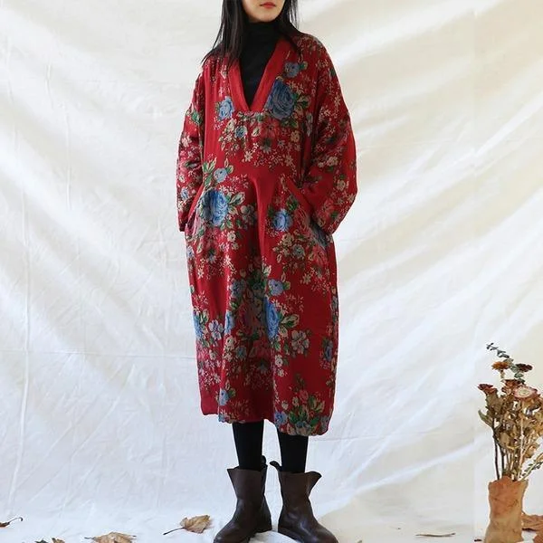 Women Vintage Red Print Floral Parkas V-Neck Long Sleeve Warm Parkas Warm Thick Hooded Parka Women Vintage Red Print Floral Parkas V-Neck Long Sleeve Warm Parkas Warm Thick Hooded Parka