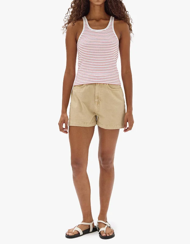 Drew Stripe Rib Tank - Papaya/White cotton tank top