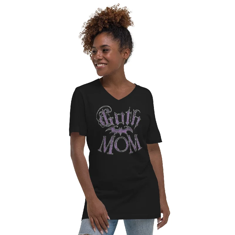 Purple Goth Mom with Bat Mother's Day Short Sleeve V-Neck T-Shirt Denim Fabric Leather Fabric Suede Fabric Purple Goth Mom with Bat Mother's Day Short Sleeve V-Neck T-Shirt Denim Fabric Leather Fabric Suede Fabric