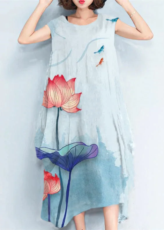 2024 Blue Flowers natural cotton polyester dress oversize sleeveless traveling dress Elegant kaftans Tunics Stylish elegant