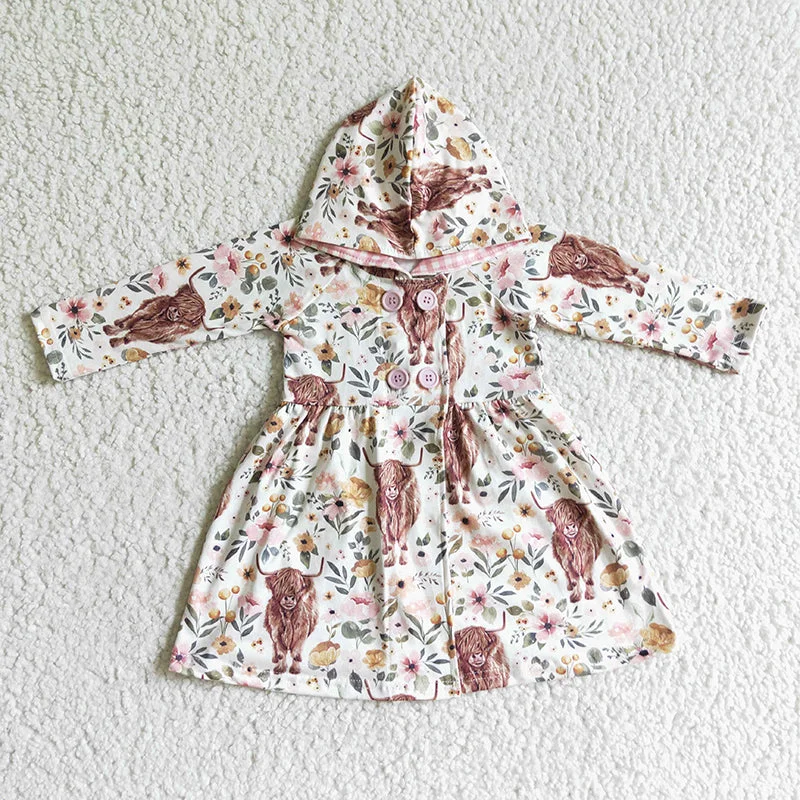 GLD0082 Baby Girl Western Cow Flower Hoodie Dress Tunics Summer linen