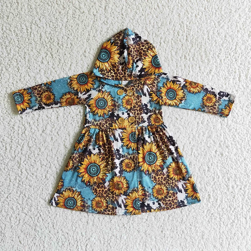 GT0028 Baby Girl Western Sunflower Leopard Hoodie Dress Coat Tunics Luxurious high-end