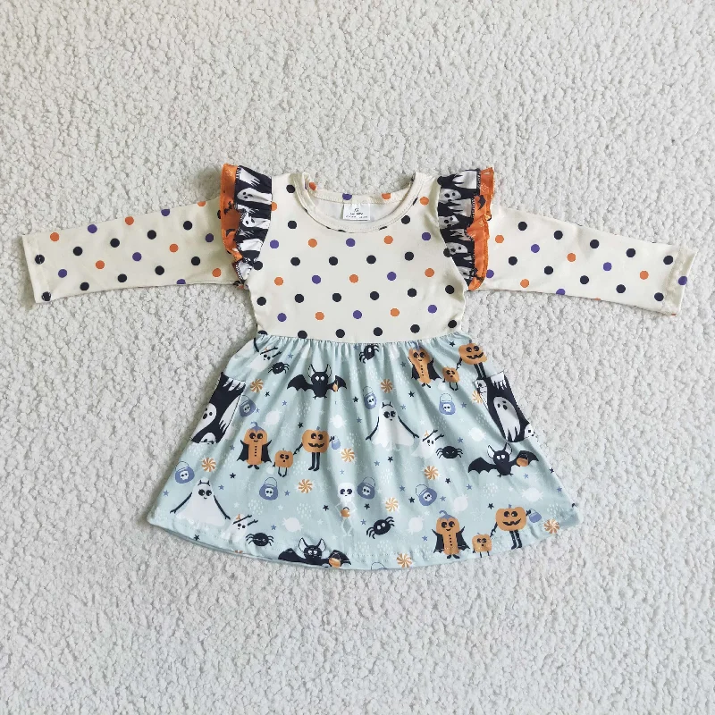 GLD0022 Halloween Ghost Pocket Dot Print Baby Girls Long Sleeve Dress-promotion 2024.9.28 Tunics Satin smooth