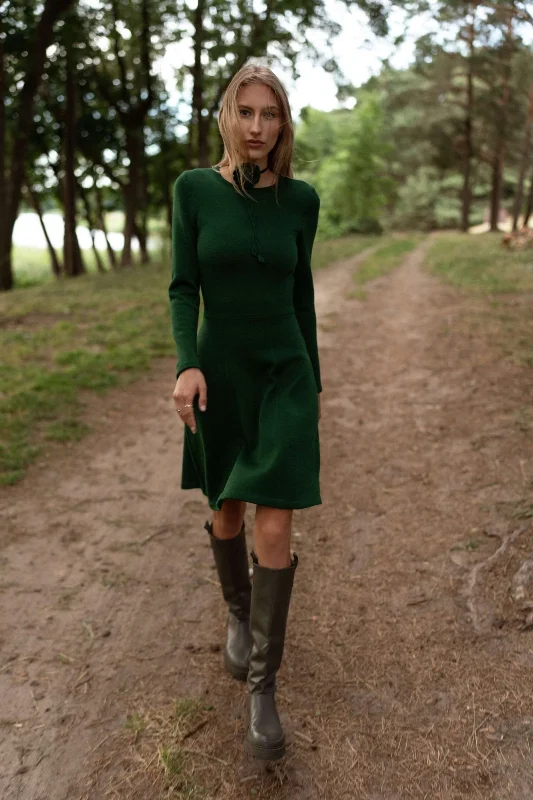Mini Knitted Merino Wool A-Line Dress Forest Green Tunics Chic elegant