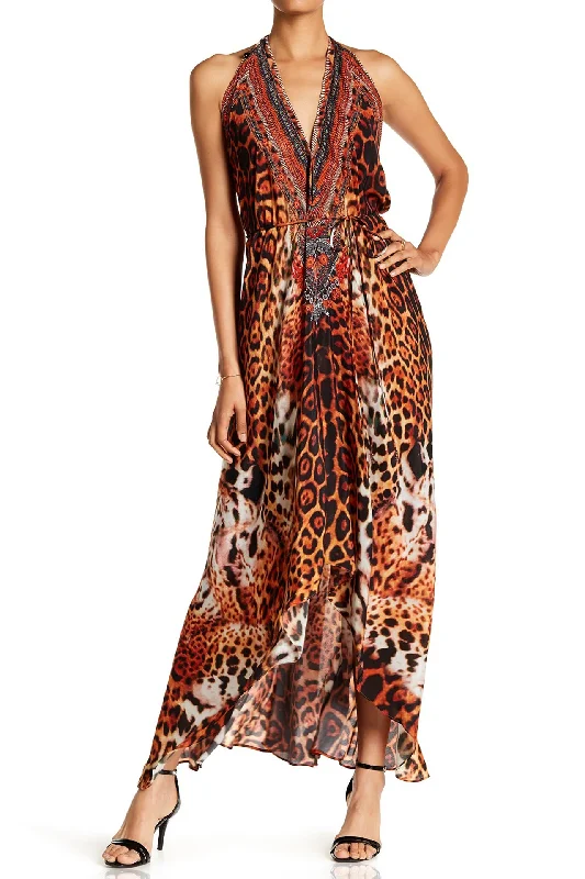 Multiway Animal Print Long Dress Crew Neckline Casual